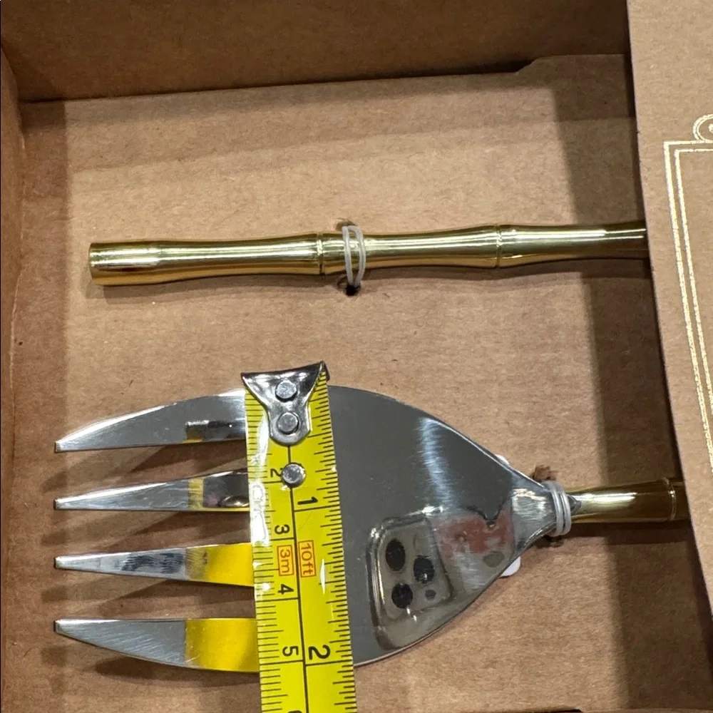 Bamboo pattern salad server spoon and fork set in Gold handles stainless steel